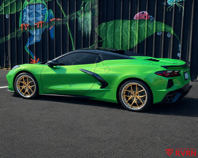Rear three-quarter view of a 2026 Corvette C8 Stingray with RV-DR08D deep dish Y-spoke wheels in polished frozen gold and chrome.