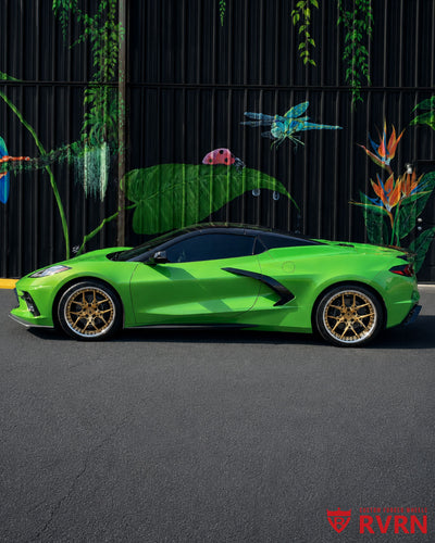 Profile view of a 2026 Corvette C8 Stingray featuring RVRN RV-DR08D custom forged deep dish Y-spoke wheels with flush fitment.