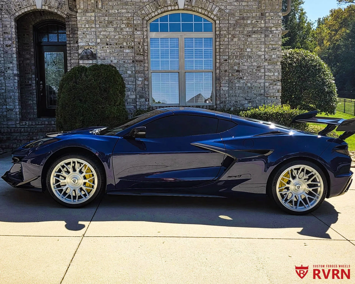 2026 Corvette C8 ZR1 on RVRN RV-MC26 1-piece forged wheels in brushed aluminum, side view with the staggered 20x10 front and 21x13 rear fitment.