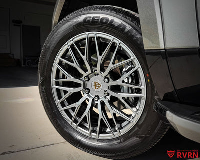 2026 Lexus GX 550 on RVRN RV-MG122 forged wheels, wheel close-up showing the mesh spoke design with RVRN FORGED engraving and gold center cap.