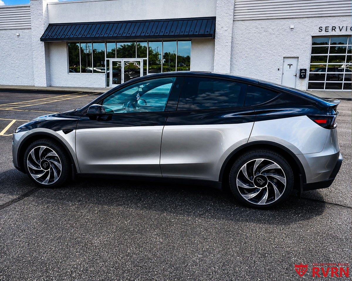 Two-tone 2026 Tesla Model Y Juniper on RVRN RV-MY01 custom forged wheels in Gloss Black with Machined Face finish, side profile view with directional turbine spokes.