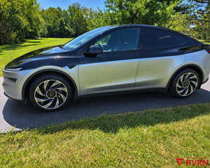 Two-tone 2026 Tesla Model Y Juniper on RVRN RV-MY01 custom forged wheels in Gloss Black with Machined Face finish, front three-quarter view from the opposite side.