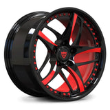 Close-up of RV-DC36D 2-piece forged wheel assembly with red titanium hardware and high-gloss black finish.