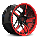Side view of RV-DC36D forged wheel featuring a vibrant red outer lip and black directional spokes for aggressive track builds.