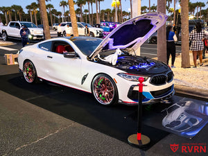 Rear view of 2019 BMW M850i on RVRN RV-C081 wheels – 22x10 rear, polished rose gold and polished aluminum finish.