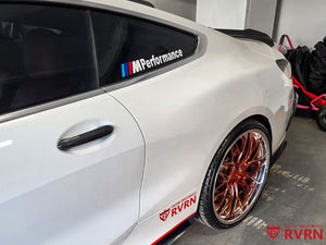 Close-up of RV-C081 polished rose gold spokes and polished aluminum barrel on 2019 BMW 8 Series M850i.