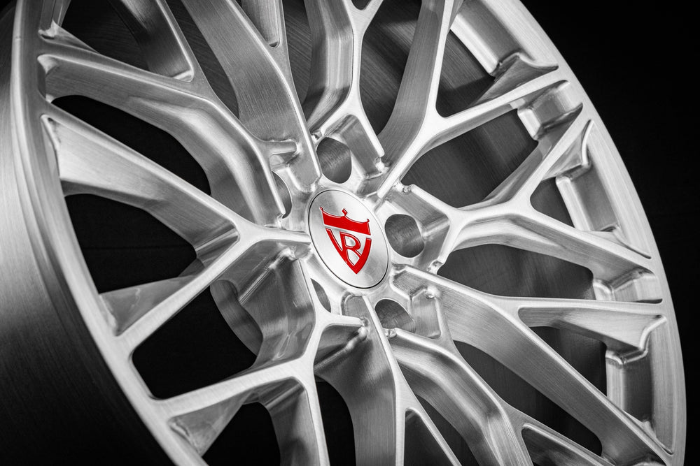 Close-up face-on view of the brushed aluminum mesh RVRN RV-MP184 forged wheel and center cap, 2016 Corvette C7 Z06 build