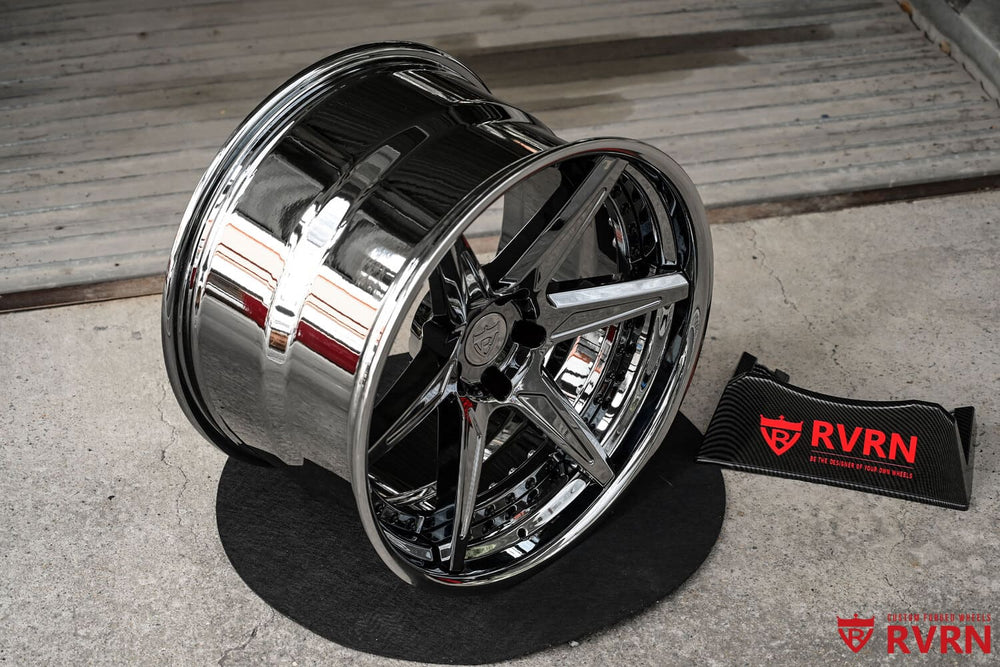 Angled view of the Black chrome RVRN RV-DC19 forged wheel showing the barrel, Corvette C8 Z06