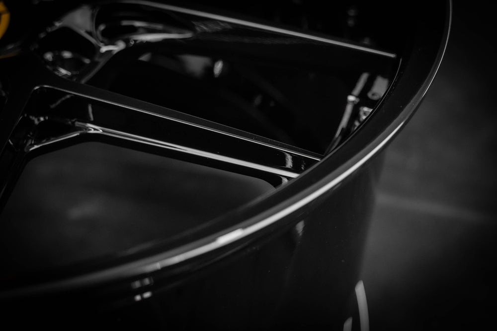 Close-up of a black custom forged wheel for Corvette C8 Z51 by RV-DR08 RVRN Wheels