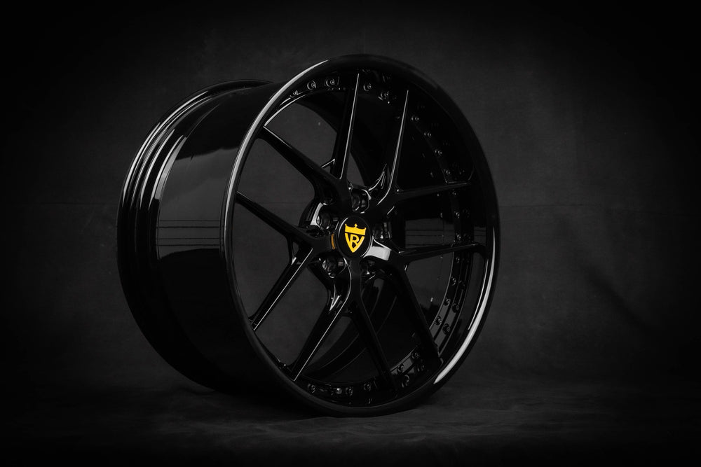 Gloss black multi-spoke RVRN RV-DR08 forged wheel on a dark studio background, custom Gloss Black wheels for the Corvette C8 Z51