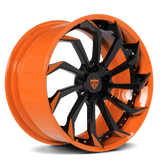 Custom forged 2-piece orange and black wheel for Corvette C1-C8 with aggressive style, available in 19-inch and 20-inch staggered fitments, free shipping