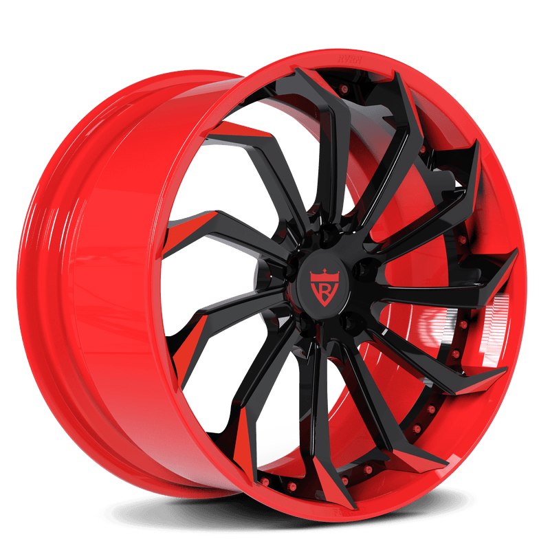 Custom forged 2-piece RV-DC01 wheel for Corvette C1-C8 with aggressive style in red and black, 19-inch staggered fitment, free shipping.