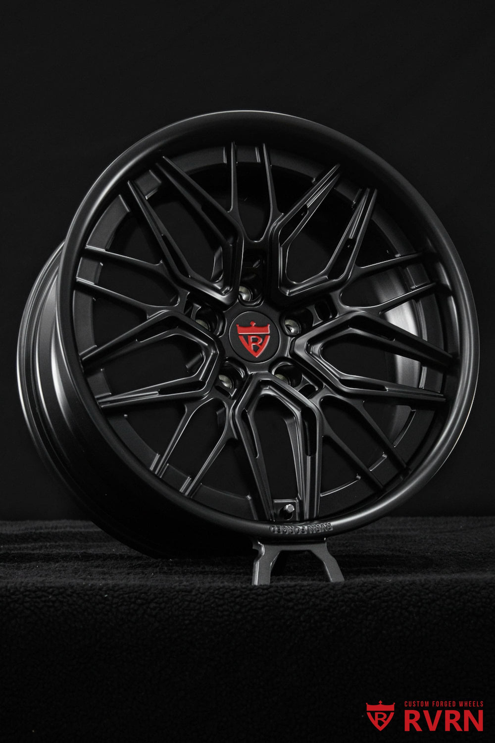 Front three-quarter view of Custom Chevy forged wheels RV-T081 featuring an all matte black finish with custom 19x8.5 and 20x14 fitment.
