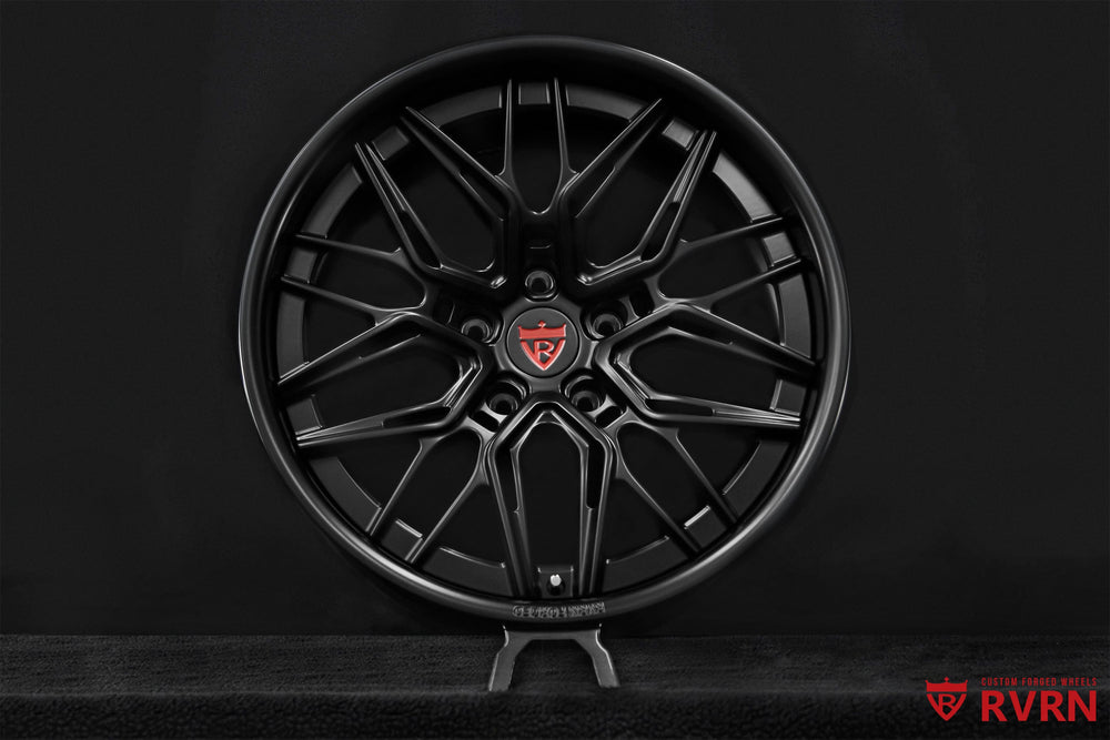 Front view of Custom Chevy Matte Black Wheels RV-T081 2-piece forged wheels in all matte black, 19x8.5 front and 20x14 rear, designed by RVRN Wheels.