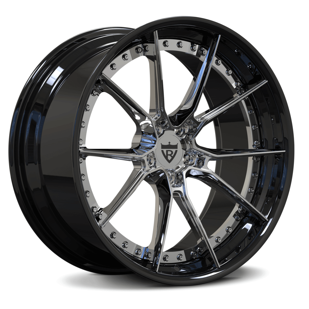 Custom built Aston Martin rims with sleek black and chrome finish for elegance