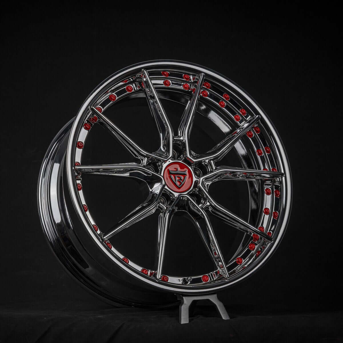 RVRN Chrome with red hardwares 10-spoke forged wheels for Corvette C8 luxury sports cars
