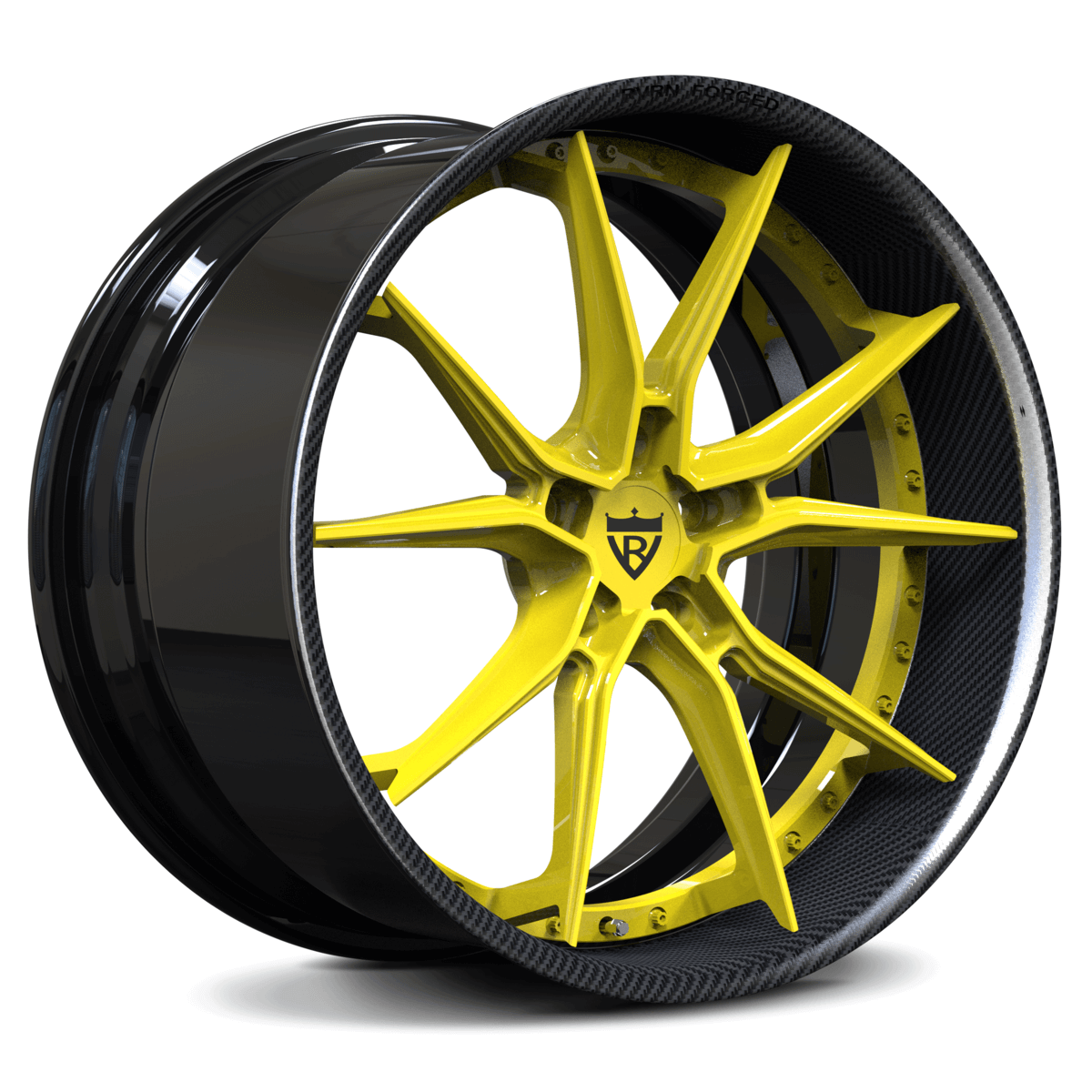 Corvette Color-Matched Accelerated Yellow Spoke with Carbon Fiber Wrapped Lip Custom Forged Wheels – custom built for Corvette performance