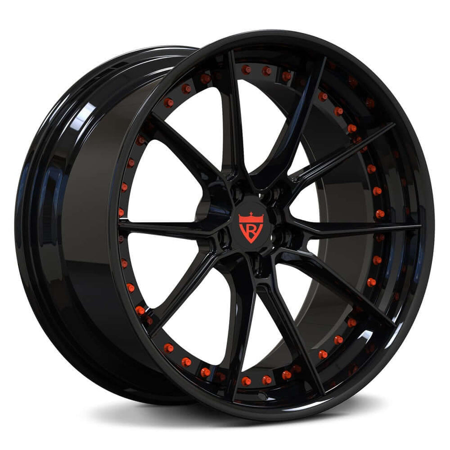 Gloss Black RVRN forged wheels with orange accents for Dodge Ram 1500 trucks 
