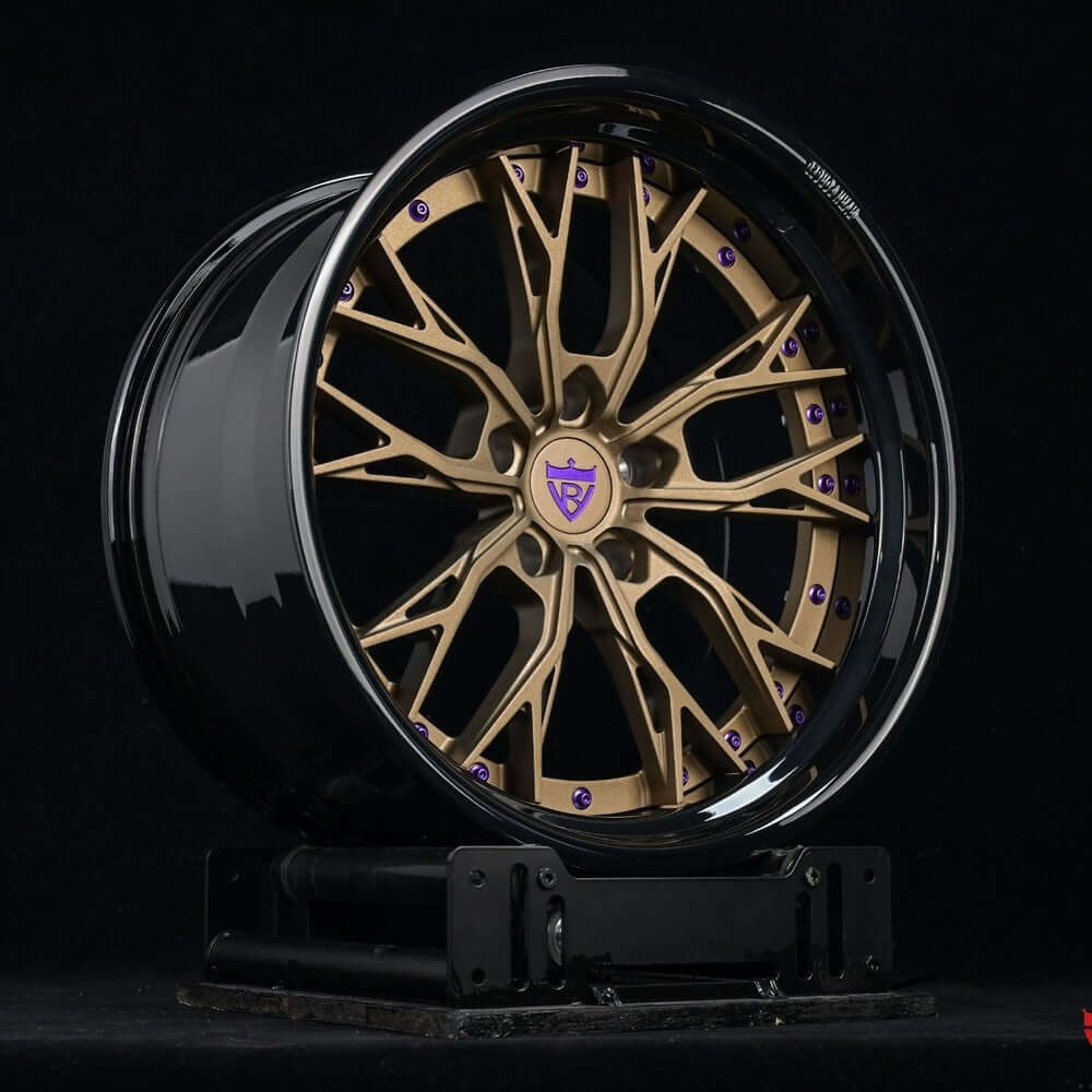 Custom 2-piece deep lip rim featuring bronze spokes and a glossy black finish, ideal for Dodge Durango and step lip forged wheels.