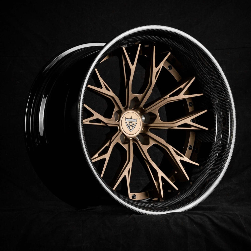 Custom forged step lip wheels for Corvette C8 featuring a deep dish design and unique gold accents.