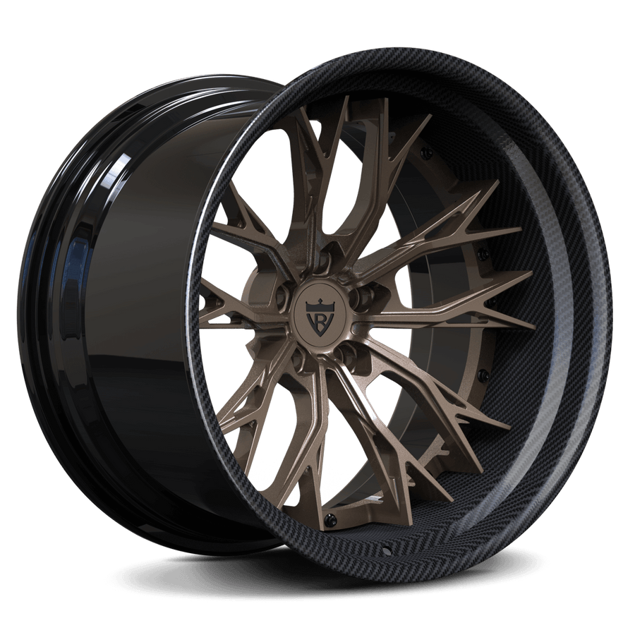 Bronze custom forged RV-DC04 deep concave wheel by RVRN Wheels for Corvette C8 Z06, machined from 6061-T6 aluminum alloy with unique design.