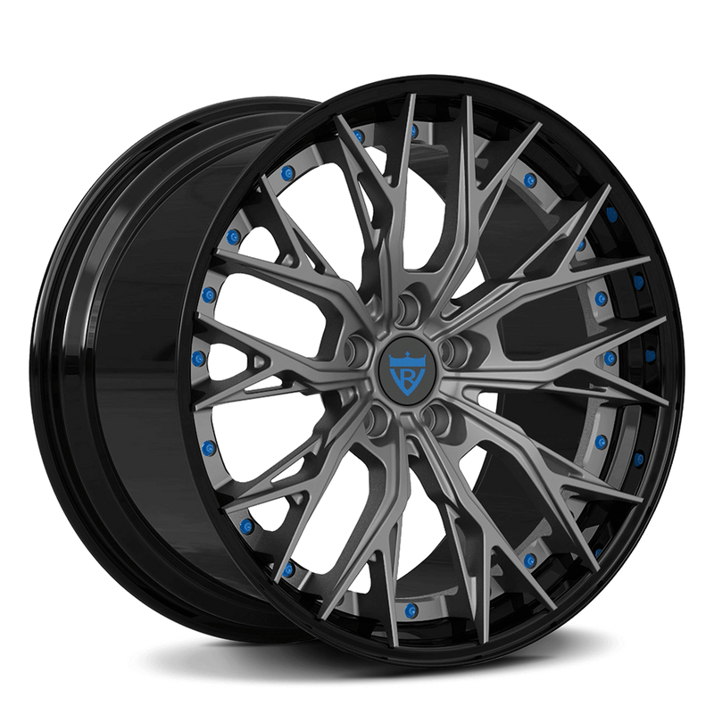 Custom forged 2-piece wheels RV-DC04, designed for Corvette C8 and other vehicles, showcasing a sleek black and gray finish.