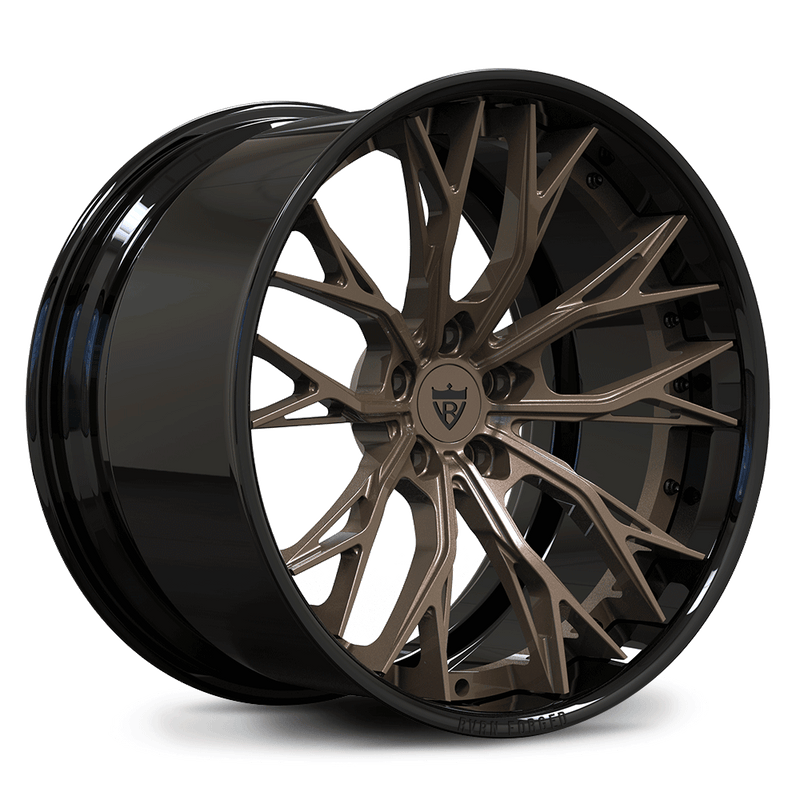 Custom forged 2-piece concave wheels in bronze with black accents, ideal for C8 Corvette and deep concave designs.