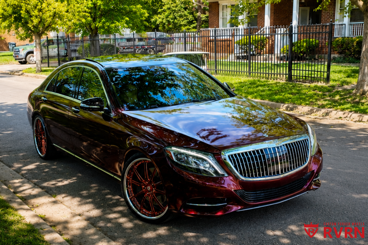 Side profile 2015 Mercedes Benz S 550 fitted with RVRN RV-DC05 forged wheels 22x8.5 22x9.5 chrome and polished wheels