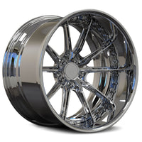 A polished chrome car wheel rim with a multi-spoke design, shown at a three-quarter angle on a white background.