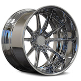 A polished chrome car wheel rim with a multi-spoke design, shown at a three-quarter angle on a white background.