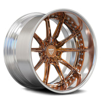 A multi-spoke custom car wheel rim featuring a polished copper-colored center and spokes with a silver outer barrel and lip, shown on a white background.