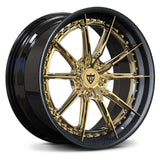 Gold Wheels for Corvette C1-C8 vehicle, custom forged 2-piece rims series RVRN RV-DC05 with carbon fiber wrapped