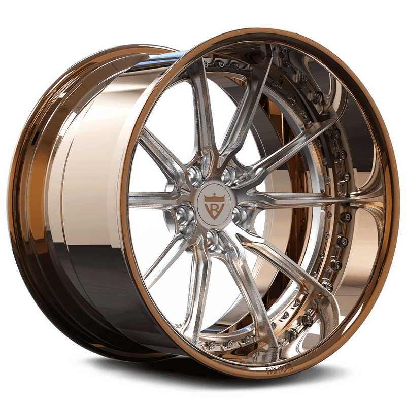 Custom forged RV-DC05 deep dish wheel in rose gold and chrome finish, designed for trucks, SUVs, and sports cars, 17"-26" sizes available