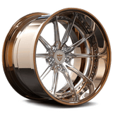 Custom forged RV-DC05 deep dish wheel in rose gold and chrome finish, designed for trucks, SUVs, and sports cars, 17"-26" sizes available