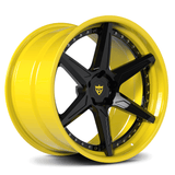 Custom forged 2-piece concave wheels in vibrant yellow with black accents, perfect for C8 Corvette and aftermarket upgrades.