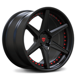 CUSTOM FORGED 2-PIECE CONCAVE WHEELS in black with red accents, ideal for C8 Corvette and aftermarket upgrades.