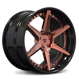 CUSTOM FORGED 2-PIECE CONCAVE WHEEL: RV-DC19 with sleek black and rose gold finish, designed for C8 Corvette and aftermarket applications.