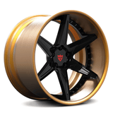 Custom forged 2-piece wheel RV-DC19 in 17"-26", machined from aerospace-grade 6061-T6 aluminum with black spokes and golden rim.