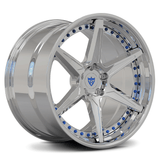 Custom forged chrome concave wheel with blue accents, designed for C8 Corvette and aftermarket applications.