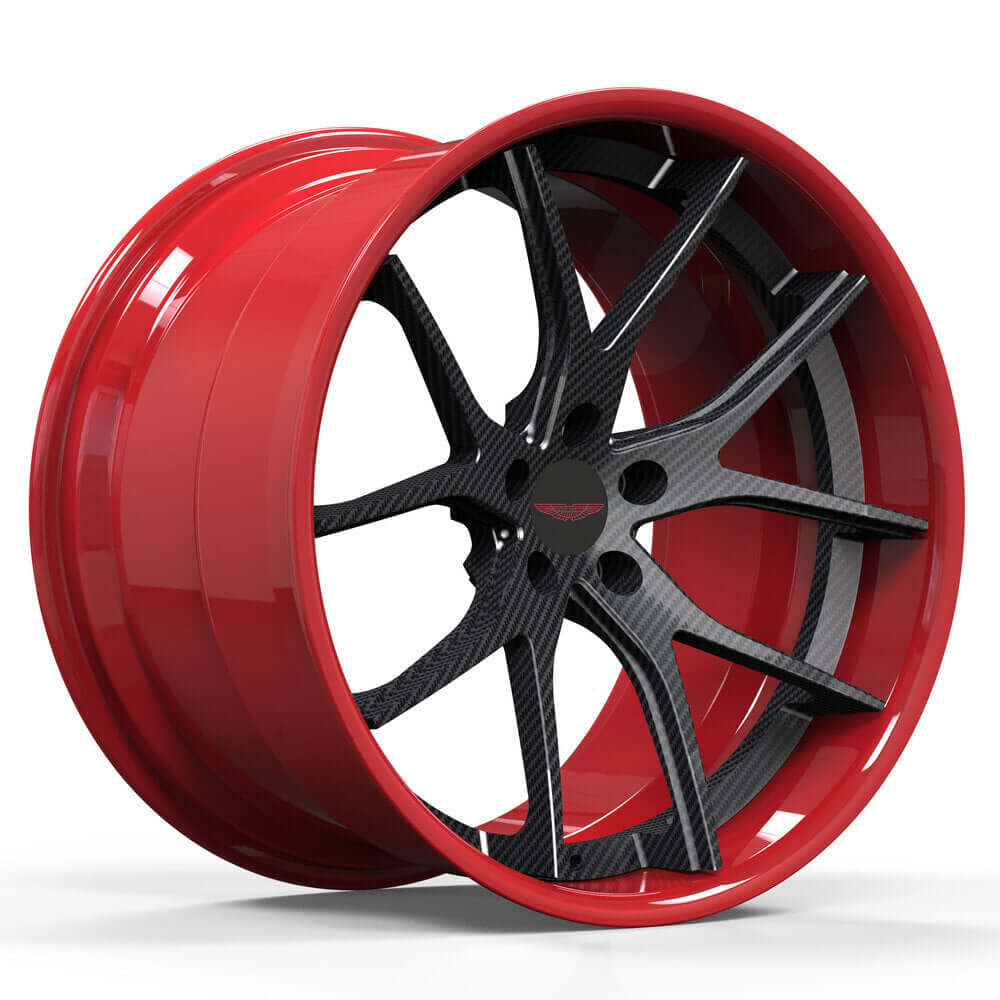 Gloss red and carbon fiber black deep dish concave wheels for Aston Martin V8 Vantage, easy to clean custom wheels.