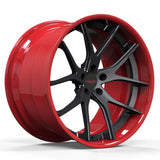 Gloss red and carbon fiber black deep dish concave wheels for Aston Martin V8 Vantage, easy to clean custom wheels.