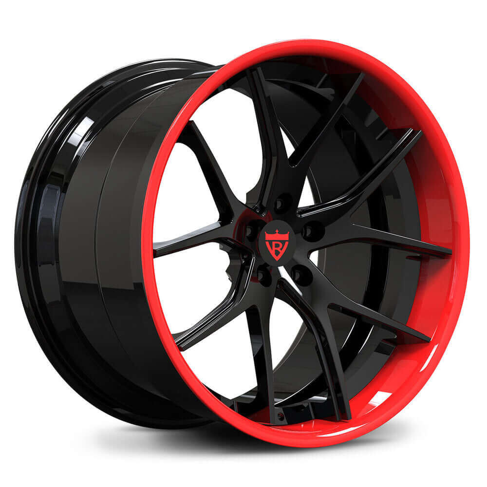 Deep dish concave wheels for Aston Martin V8 Vantage, custom-built in gloss black and red finish