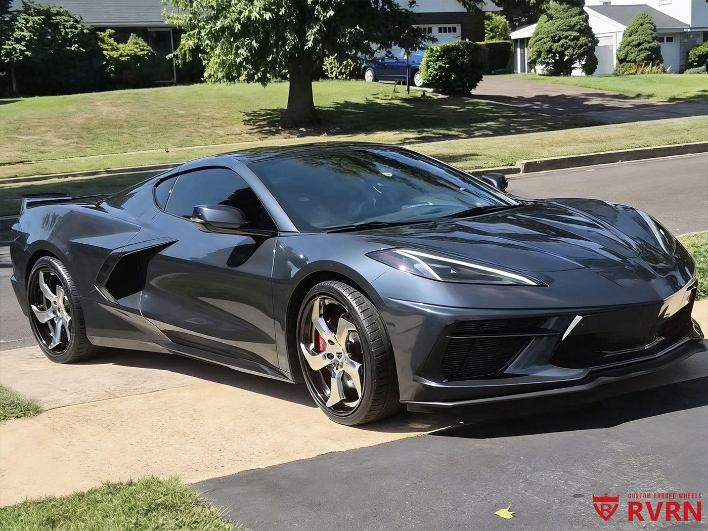 2020 Corvette C8 Stingray Z51 with RV-DC25 aftermarket wheels 20x8.5 front 21x11 rear gloss black chrome 5 spoke rims front angle view