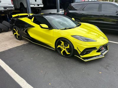 Rear quarter view of 2022 Corvette C8 highlighting gloss black barrel and perfect fitment of RVRN forged wheels