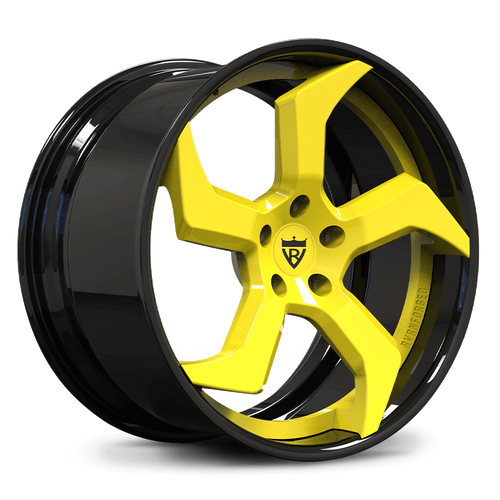 Corvette C8 Custom Forged 5-Spoke Wheels - RV-DC25 Series in Accelerate Yellow and Black-Custom 2-Piece 20x9, 21x11 size. 