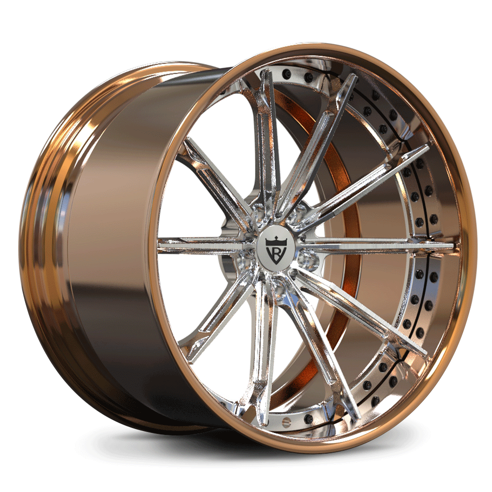 Custom forged RV-DC29 wheel in bronze and chrome finish, featuring concave design for Corvette C8 and performance vehicles.
