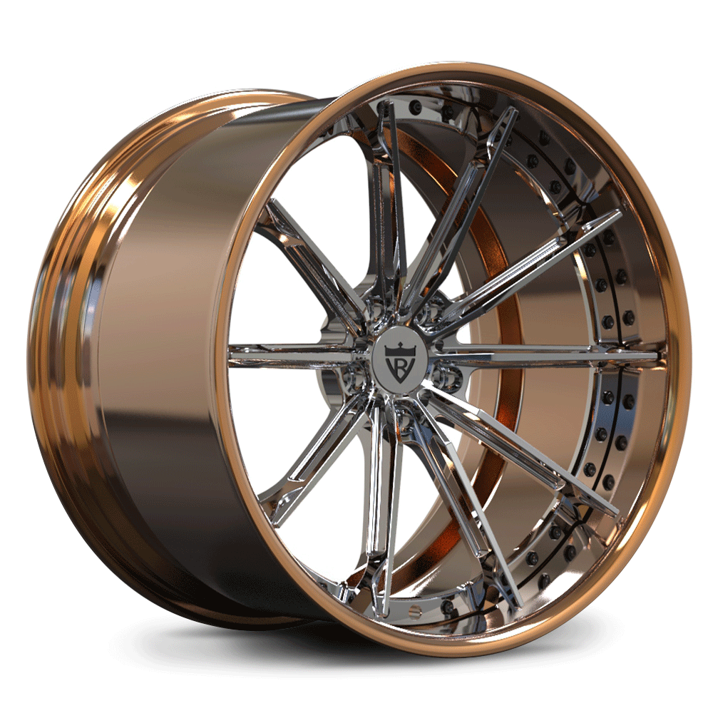 Custom forged 2-piece wheel in chrome and bronze finish, designed for high performance and style.