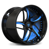 Custom 2-piece forged deep dish wheel with blue inner barrel offset finish, forged aluminum design for sports and luxury cars.