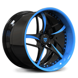 Custom 2-piece forged deep dish wheel with blue lip finish, bold 5-spoke forged design for Corvette, Mustang, and other performance cars. 