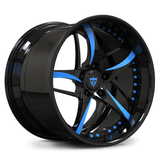 Custom 2-piece forged deep dish 5-spoke wheel with blue spoke accents, aggressive lip design for high-performance vehicles.